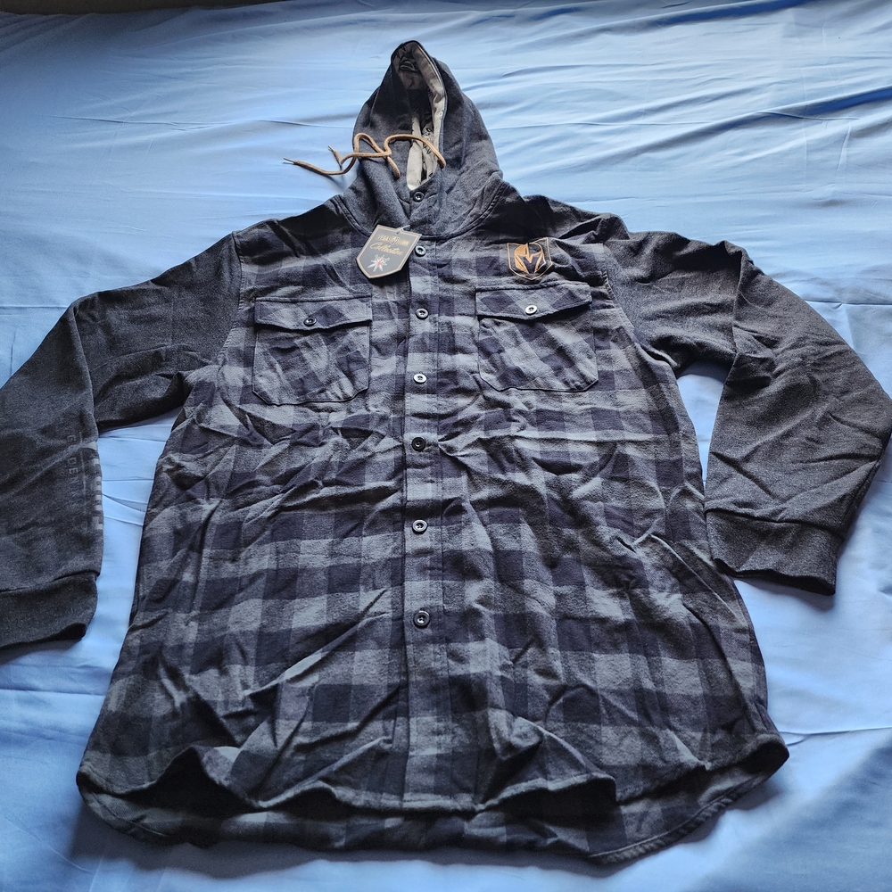 VEGAS GOLDEN KNIGHTS HOODED PLAID LONG SLEEVE SHIRT GRAY/BLACK SIZE XLARGE NWT